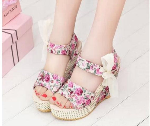 Size 35-40 Women Wedges Sandals Fashion Summer beach shoes for female platform lace belt bow flat open toe high-heeled shoes