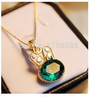 N004 2016 fashion green sea rabbit control over drilling cute bunny crystal clavicle pendant necklaces jewelery