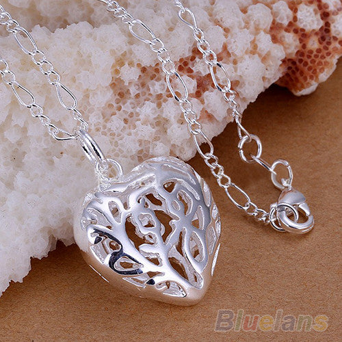 Womens Solid Pure Silver Plated Big Antique Heart Pendant Silver Chain Necklace  2MAV