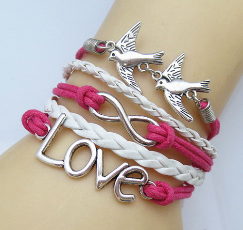 NEW DIY Infinity Fashion Leather Pair of lovebirds LOVE Friendship Charm Sideway Braided Wristband Bracelet