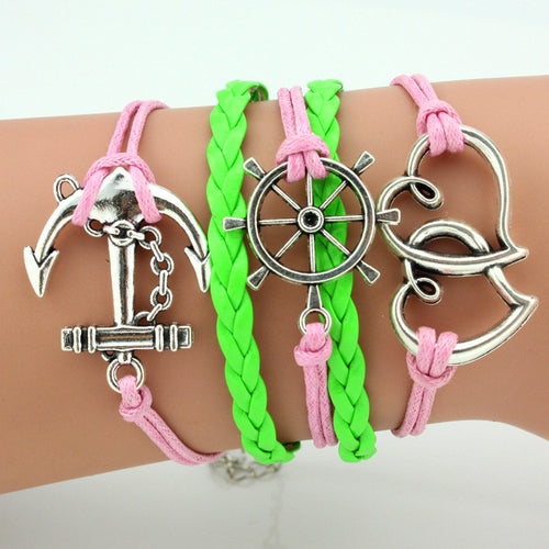 Bracelets Vintage Owl Bird Anchor wing infinity bracelet Multicolor woven leather bracelet & Bangle BQK003 (17 types available)