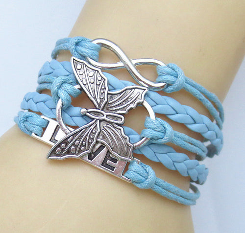 NEW Hot Fashion Leather vivid butterflies LOVE Friendship Charm Sideway Braided Wristband Bracelet