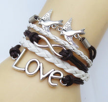 NEW DIY Infinity Fashion Leather Pair of lovebirds LOVE Friendship Charm Sideway Braided Wristband Bracelet