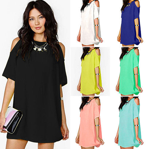 Women's Fashion Summer Sexy Off Shoulder Chiffon Short Sleeve T-Shirt Tops Mini Dress