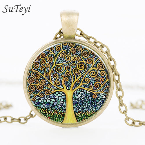 2017 Fashion Retro Vintage Women Girl Lady Tree of Life Bronze Glass Cabochon Pendant Necklace Chain Jewelry Accessories FT02