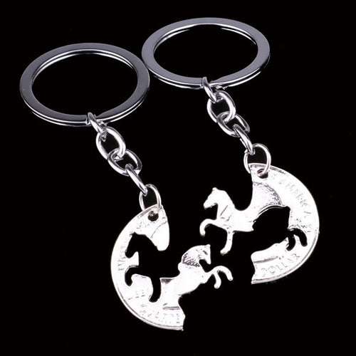 1Pair Silver Plated Horse Puzzle Coin Pendant Keychain Couple BFF Key Ring Friendship/Love Keyring Key Holder Gift For Men Women