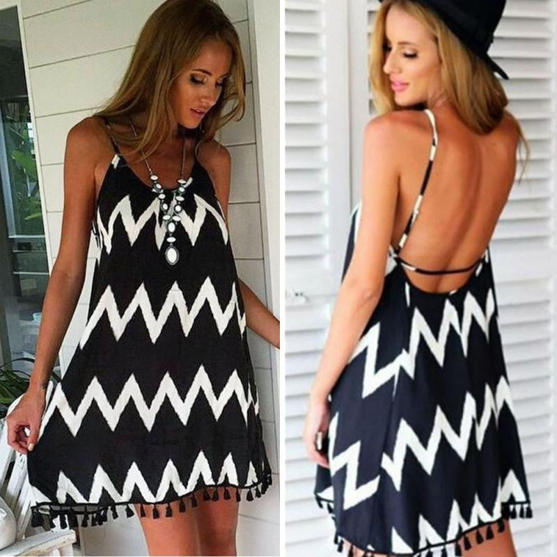 2016 women Sexy Wavy  stripe Loose  dress  backless stripe  party club beach dress plus size  with tassel