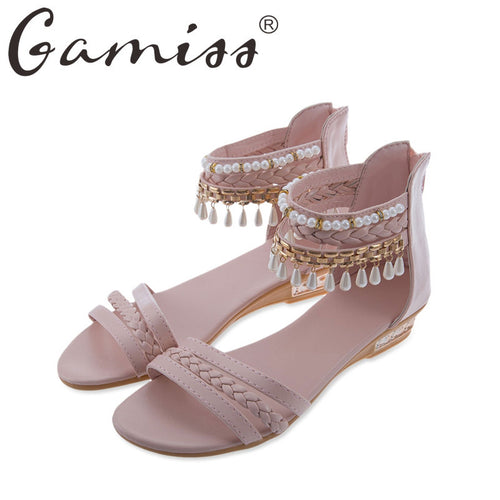 Gamiss Lady Bohemian Sandals Gladiator Weave Hollow Beading Wedges Shoes Low Heel Casual Summer Shoes Woman Sandals Flip Flops