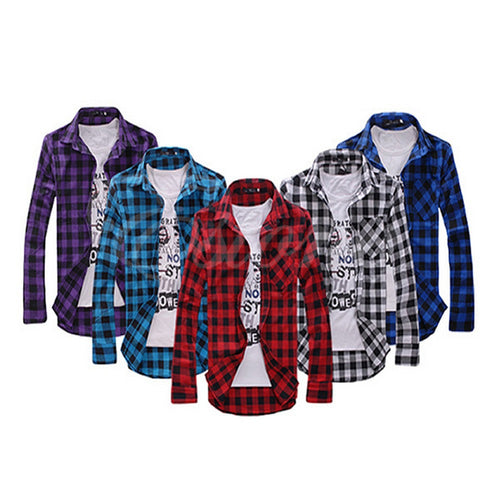 Korean Style Mens Stylish Slim Fit Casual Plaid Check Shirt WY2703