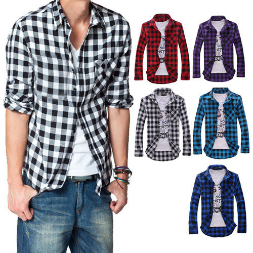 2016 Men's Cotton Turn-down Collar Plaid Double Beasted Full Sleeves Casual Shirt 8OHU